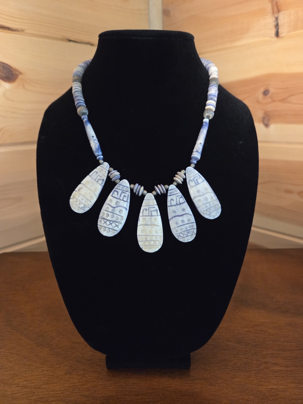 Blue‎ Tribal Teardrop Statement Necklace with Patterned Pendants